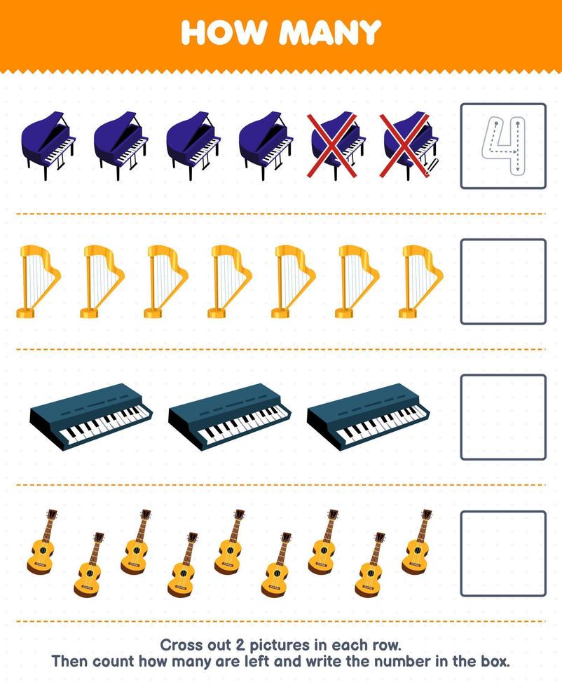 juego educativo para niños cuente cuántos dibujos animados piano arpa teclado guitarra y escriba el número en el cuadro hoja de trabajo de instrumento musical imprimible vector