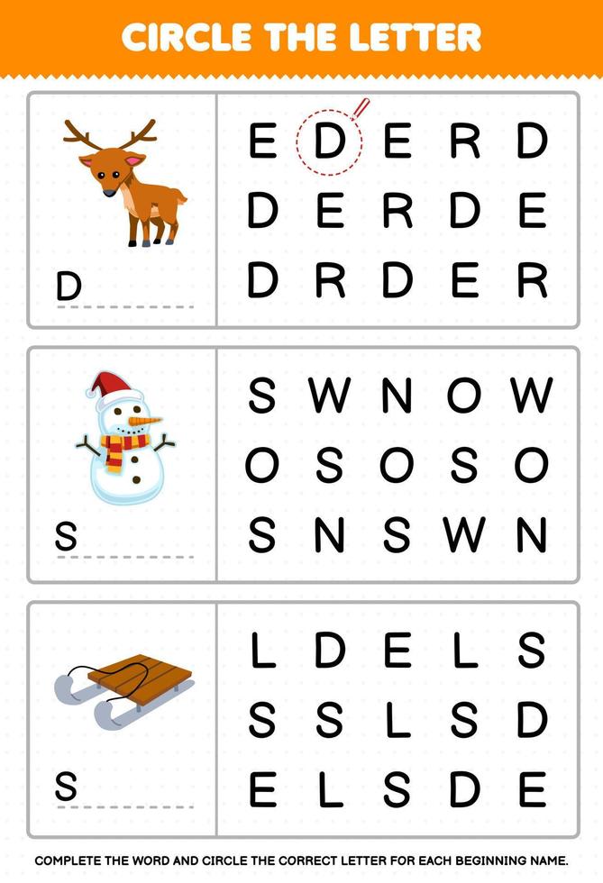 Education game for children circle the beginning letter from cute cartoon deer snowman sled printable winter worksheet vector