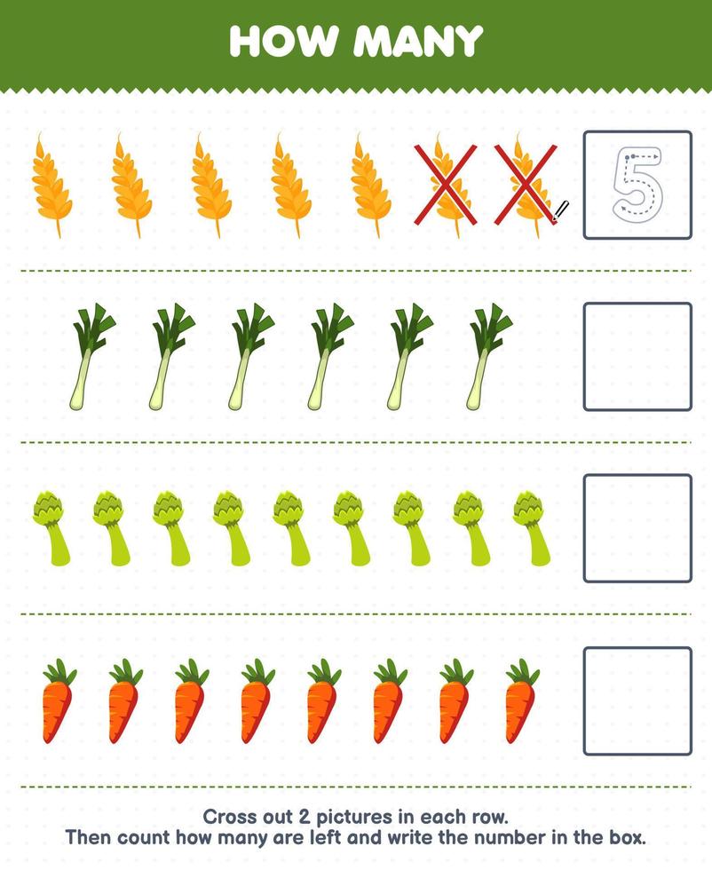 juego educativo para niños cuente cuántos dibujos animados trigo puerro espárragos zanahoria y escriba el número en el cuadro hoja de trabajo vegetal imprimible vector