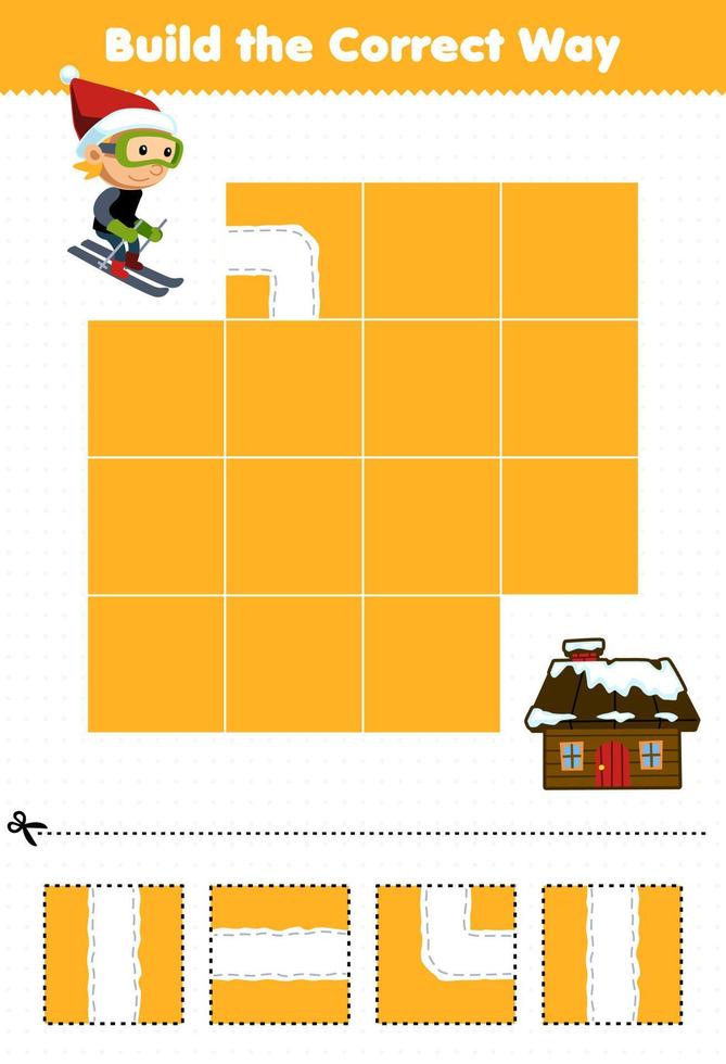 Education game for children build the correct way help cute cartoon boy playing ski move to house printable winter worksheet vector