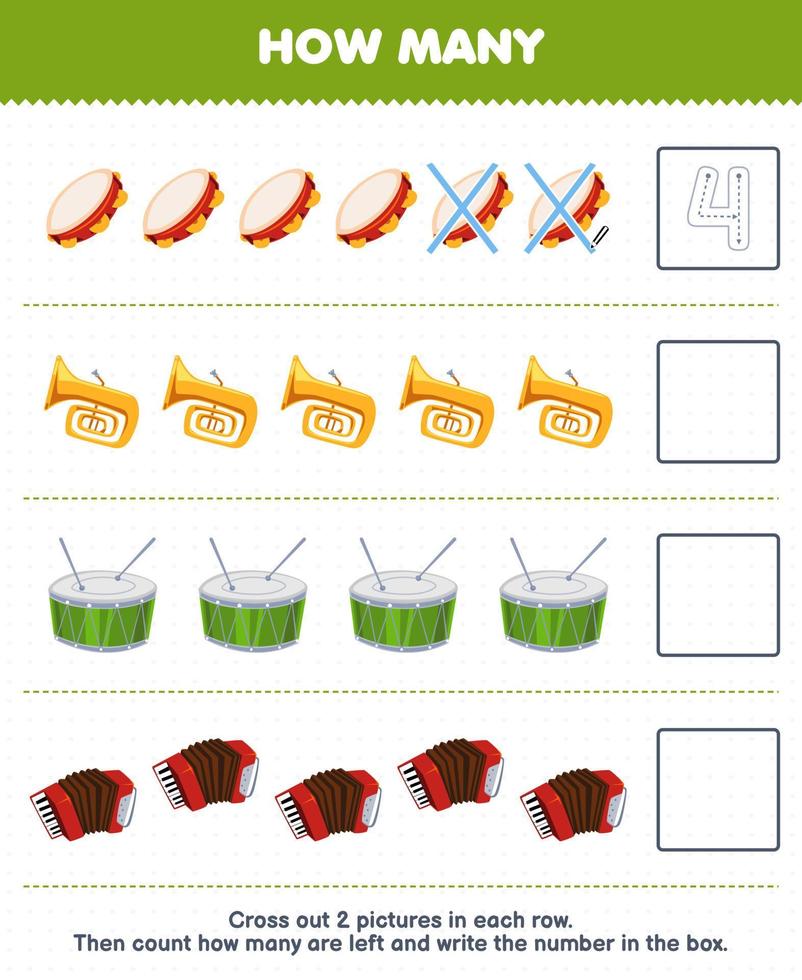 Education game for children count how many cartoon tambourine tuba drum accordion and write the number in the box printable music instrument worksheet vector