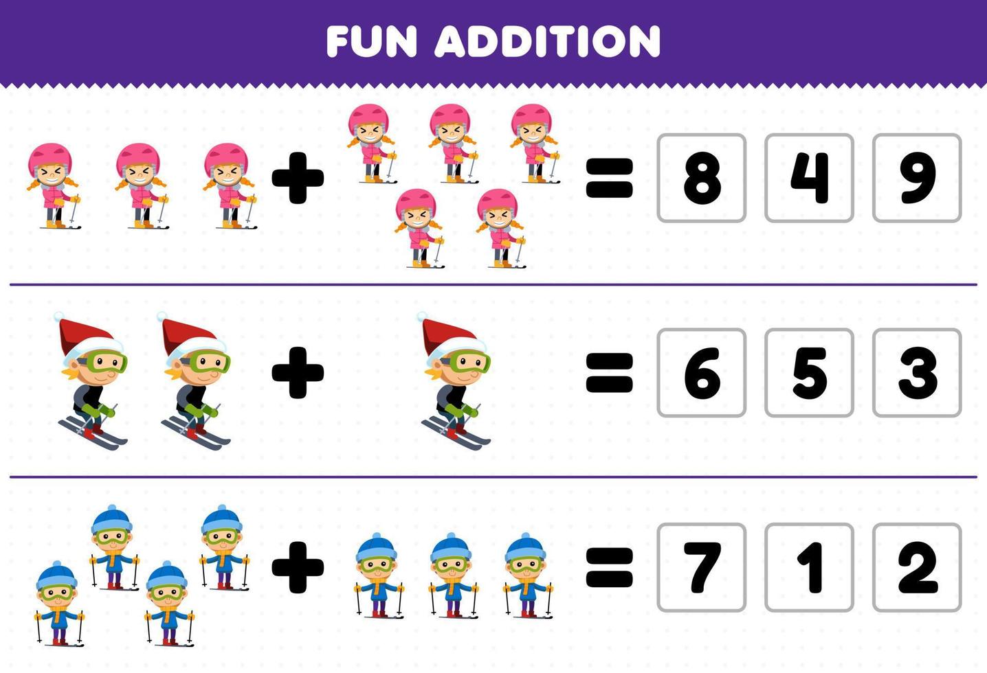 Education game for children fun addition by guess the correct number of cute cartoon boy and girl playing ski printable winter worksheet vector