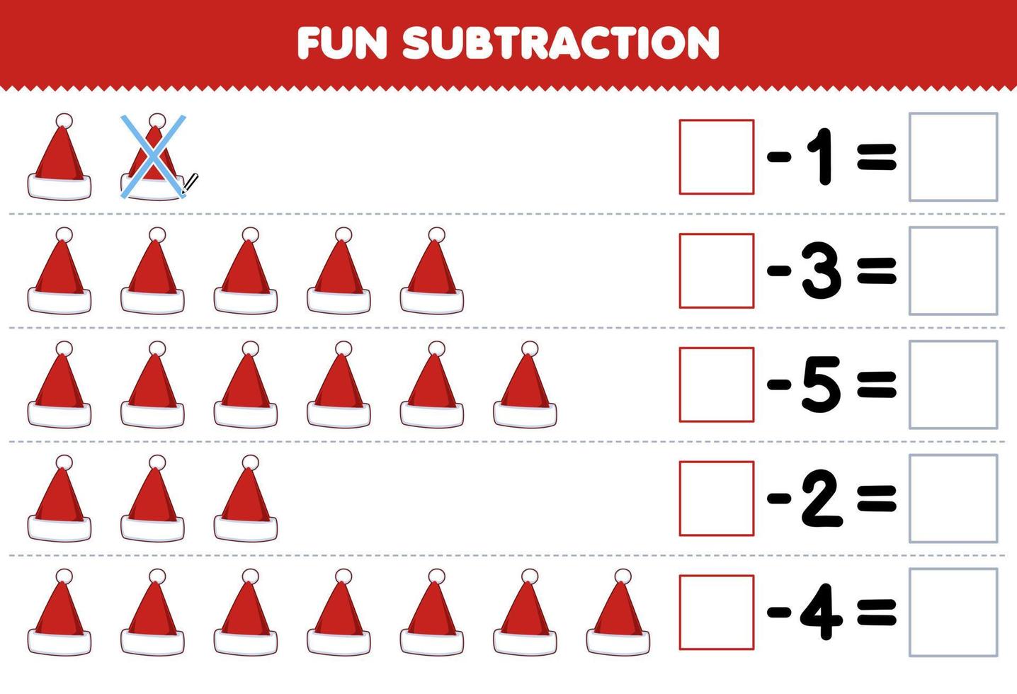 Education game for children fun subtraction by counting cute cartoon santa hat each row and eliminating it printable winter worksheet vector