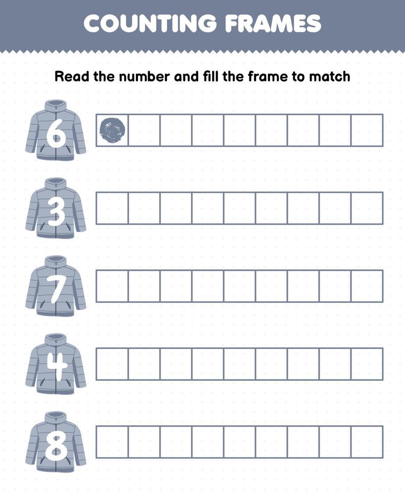 Educational game for kids read the number and fill the frames from cute cartoon gray jacket coat printable winter worksheet vector