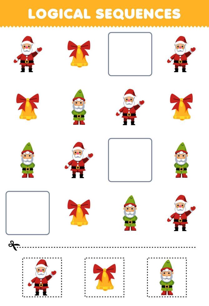 juego educativo para niños secuencias lógicas para niños con dibujos animados lindo santa campana gnomo hoja de trabajo de invierno imprimible vector
