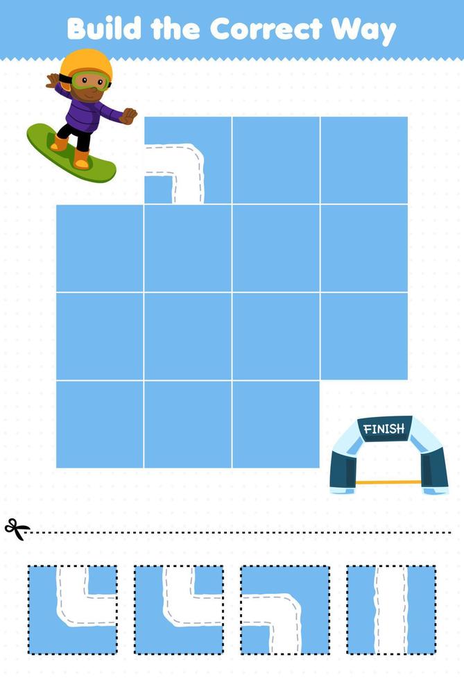 juego educativo para niños construye la manera correcta ayuda a un lindo niño de dibujos animados jugando snowboard moverse a la línea de meta hoja de trabajo de invierno imprimible vector