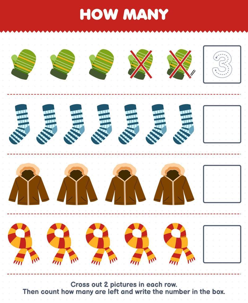 Education game for children count how many cute cartoon mitten sock jacket scarf and write the number in the box printable winter worksheet vector