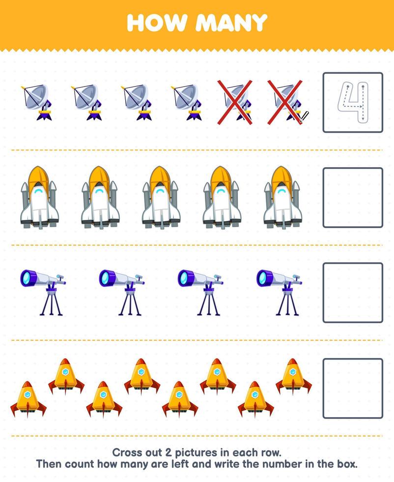 Education game for children count how many cute cartoon radar spaceship telescope rocket and write the number in the box printable solar system worksheet vector