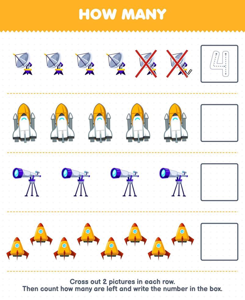 Education game for children count how many cute cartoon radar spaceship telescope rocket and write the number in the box printable solar system worksheet vector