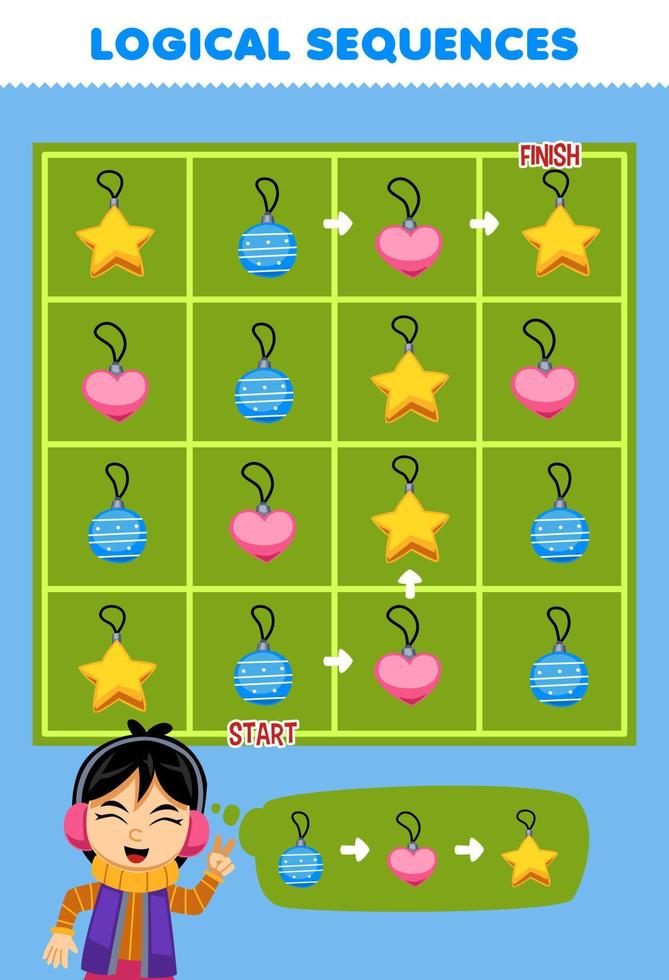 Education game for children logical sequence help girl sort decoration ball heart and star from start to finish printable winter worksheet vector