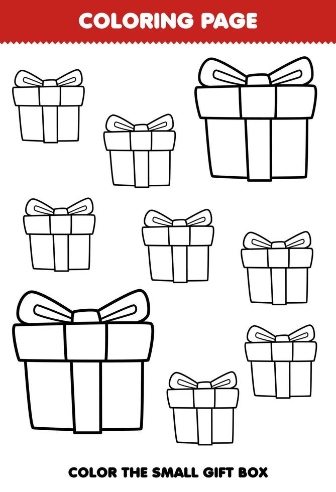 Education game for children coloring page big or small picture of cute cartoon gift box line art printable winter worksheet vector
