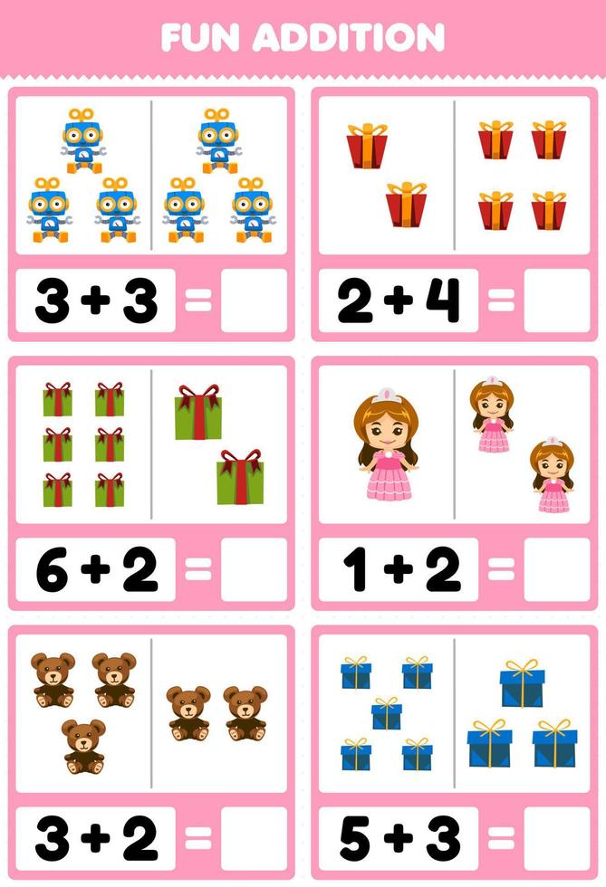 Education game for children fun addition by counting and sum of cute cartoon gift box robot doll teddy bear toy printable winter worksheet vector