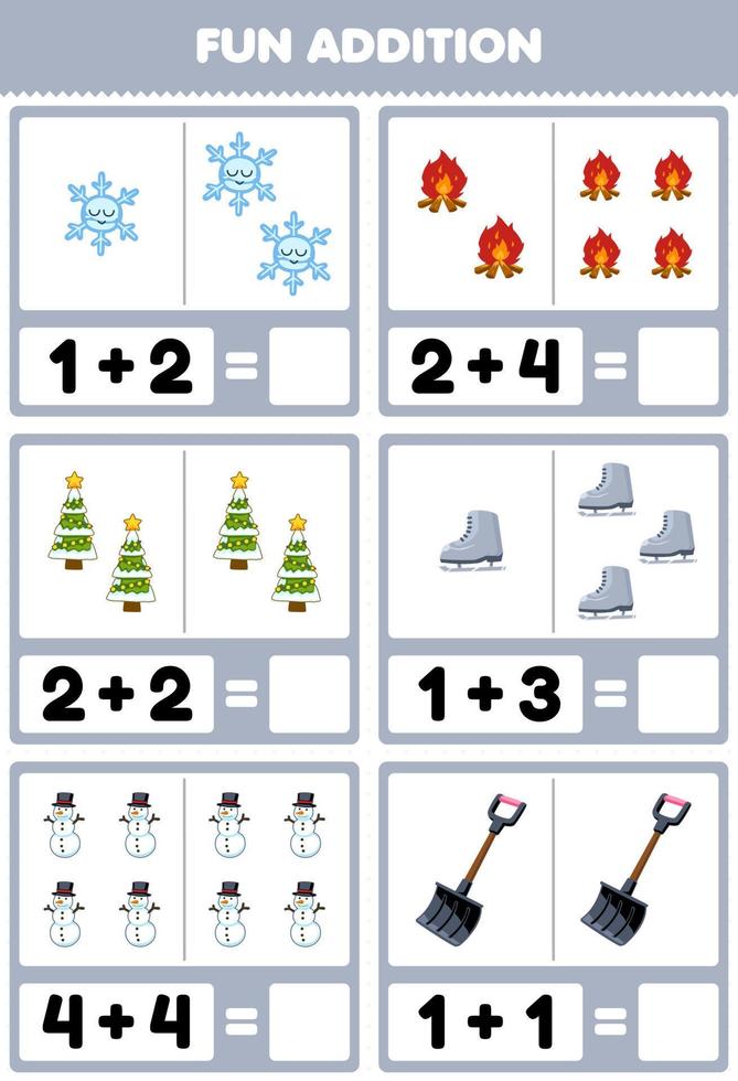 Education game for children fun addition by counting and sum of cute cartoon snowflake bonfire christmas tree boot snowman shovel printable winter worksheet vector