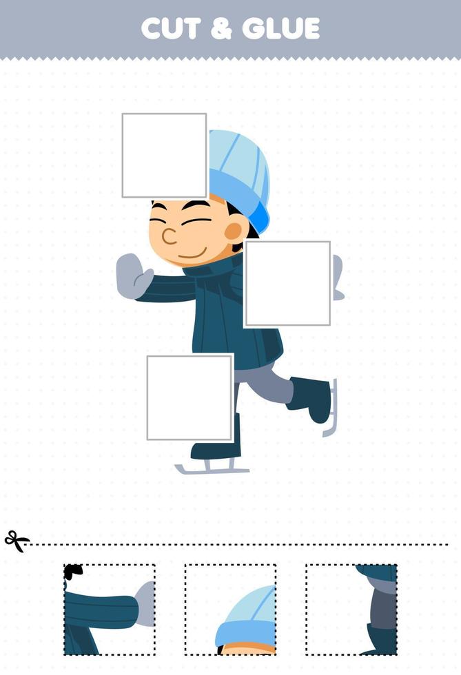 Education game for children cut and glue cut parts of cute cartoon boy playing ice skating and glue them printable winter worksheet vector