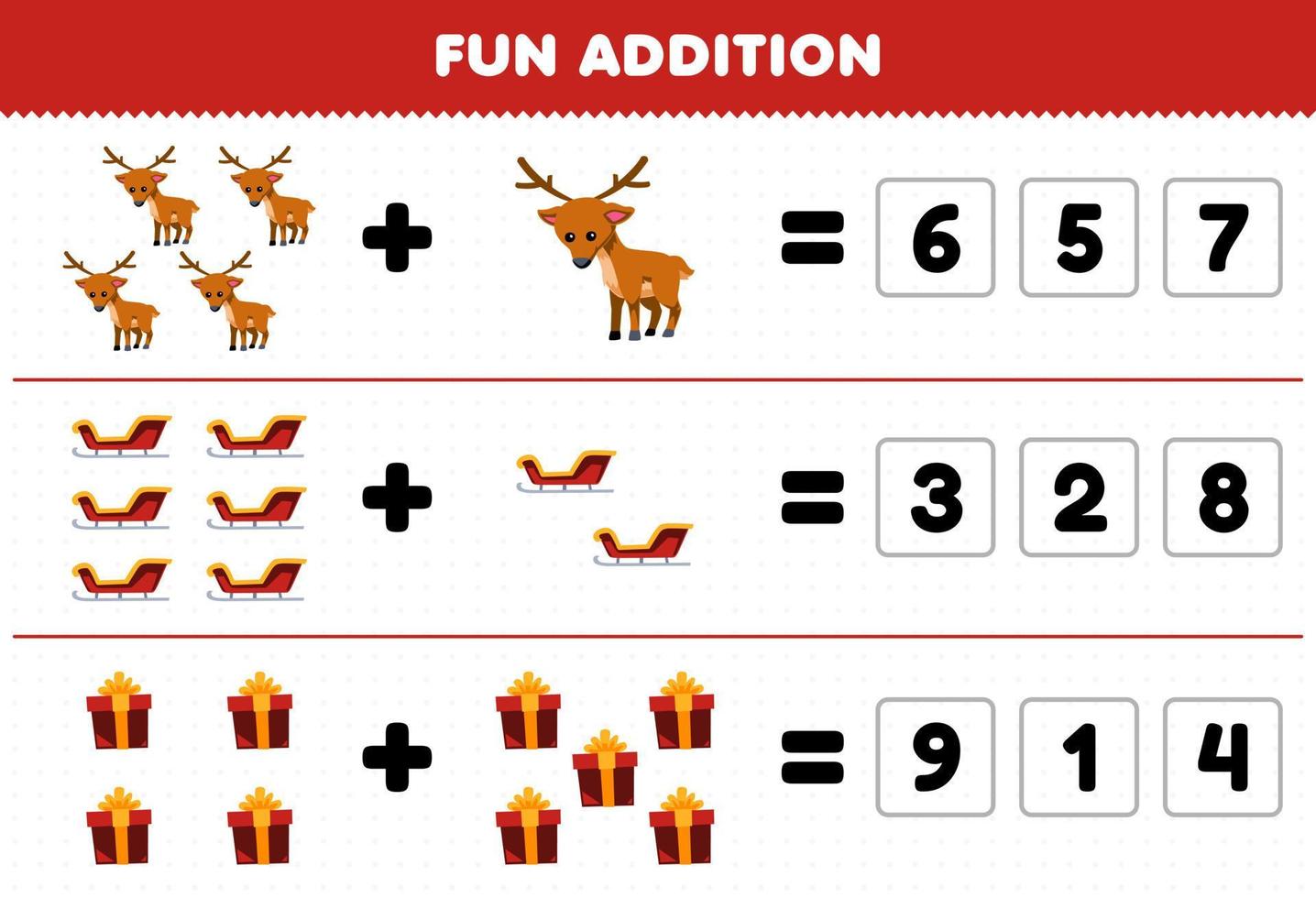 Education game for children fun addition by guess the correct number of cute cartoon deer sled gift box printable winter worksheet vector