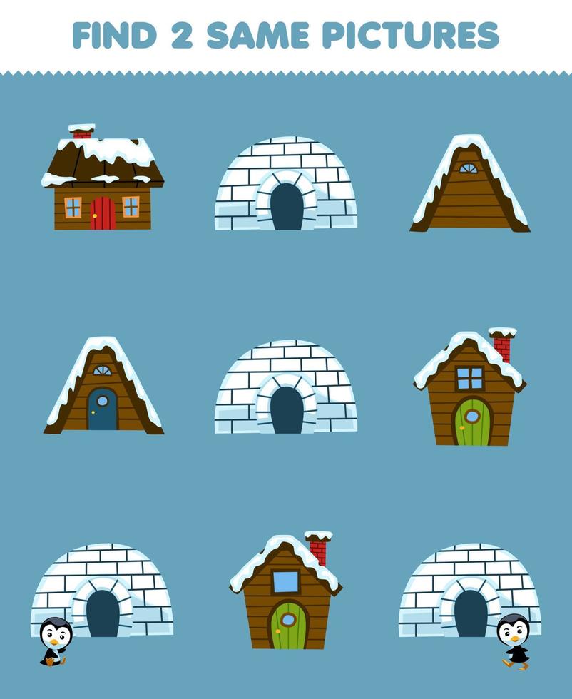 Education game for children find two same pictures of cute cartoon igloo and house printable winter worksheet vector