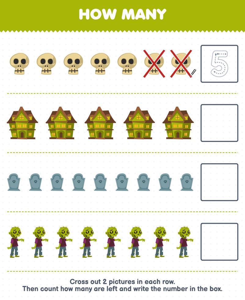 Education game for children count how many cute cartoon skull spooky house tombstone zombie and write the number in the box printable halloween worksheet vector
