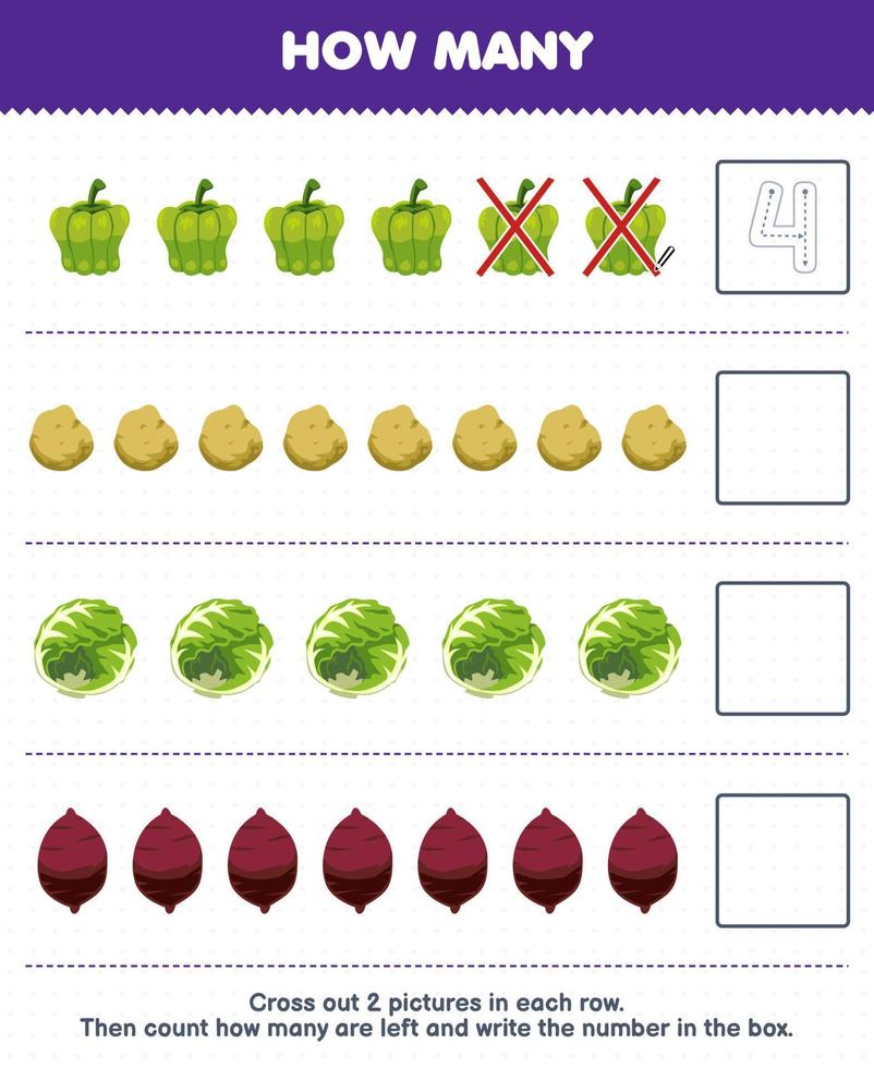 Education game for children count how many cartoon paprika potato cabbage yam and write the number in the box printable vegetable worksheet vector