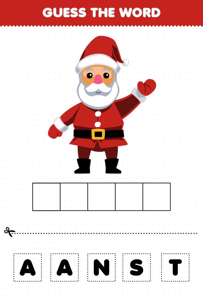 Education game for children guess the word letters practicing of cute cartoon santa printable winter worksheet vector