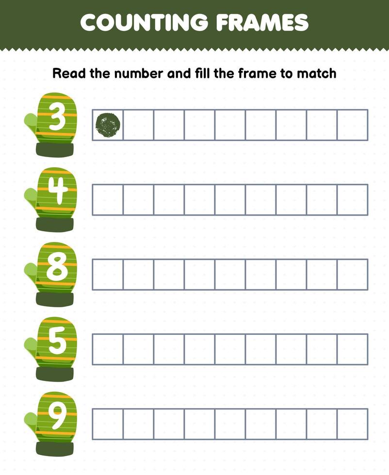 Educational game for kids read the number and fill the frames from cute cartoon green mitten printable winter worksheet vector