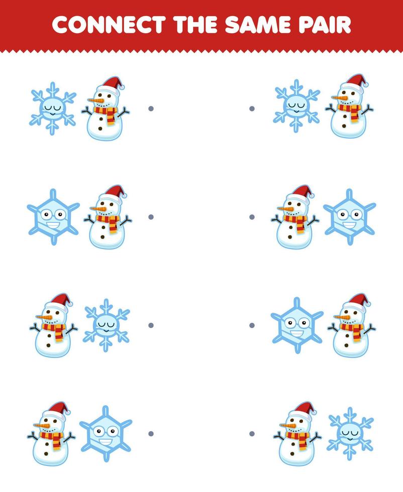 juego educativo para niños conecta la misma imagen de un lindo copo de nieve de dibujos animados y un par de muñecos de nieve hoja de trabajo de invierno imprimible vector