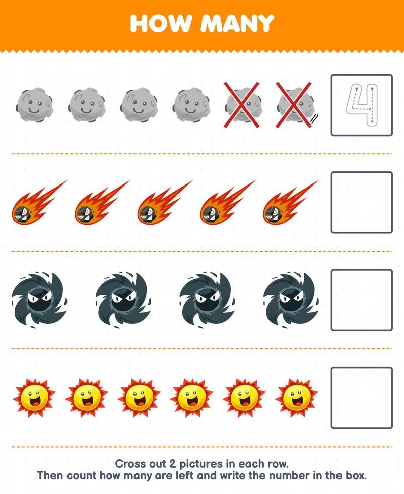 Education game for children count how many cute cartoon planet comet black hole sun and write the number in the box printable solar system worksheet vector