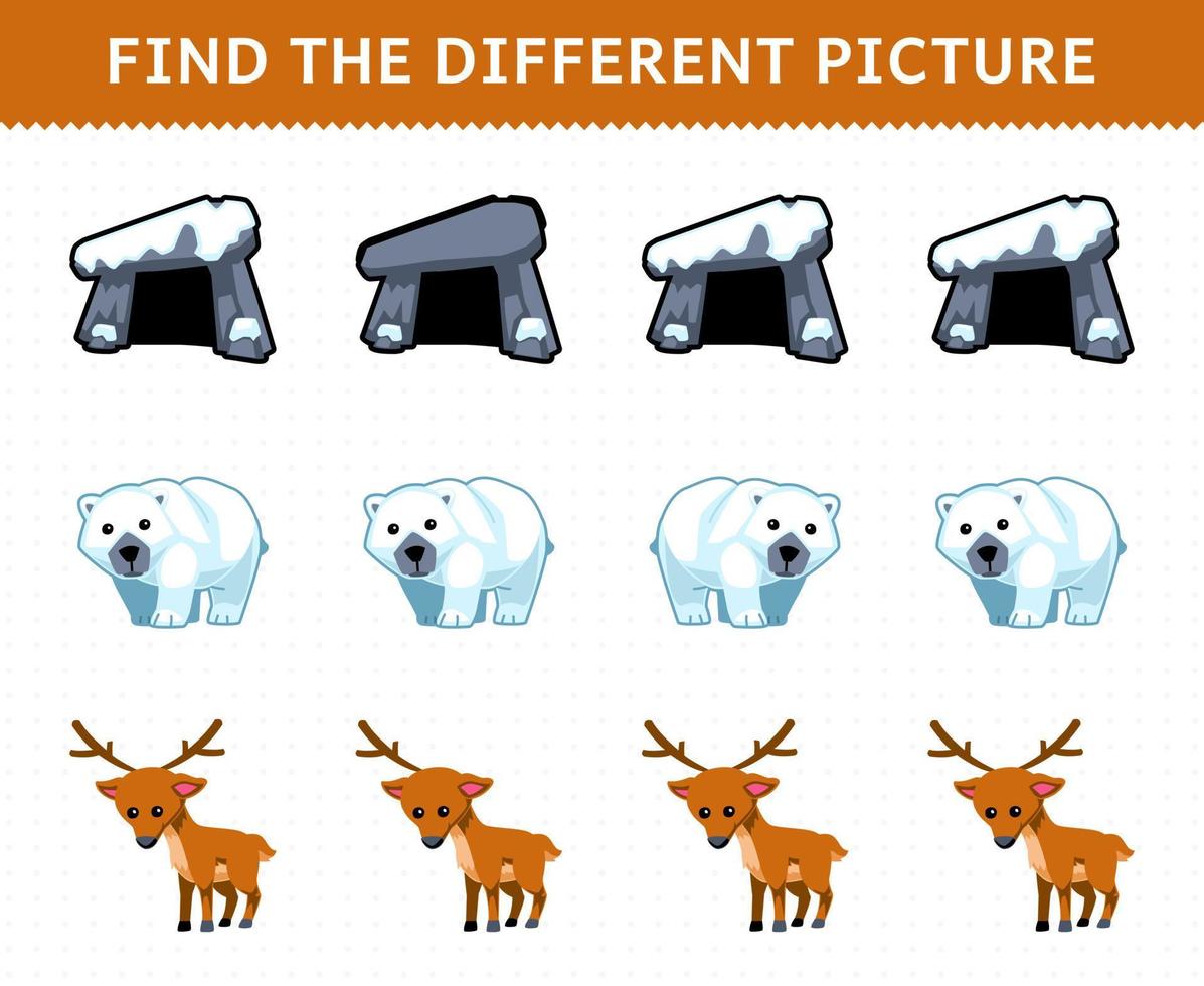 Education game for children find the different picture in each row of cute cartoon den polar bear deer printable winter worksheet vector