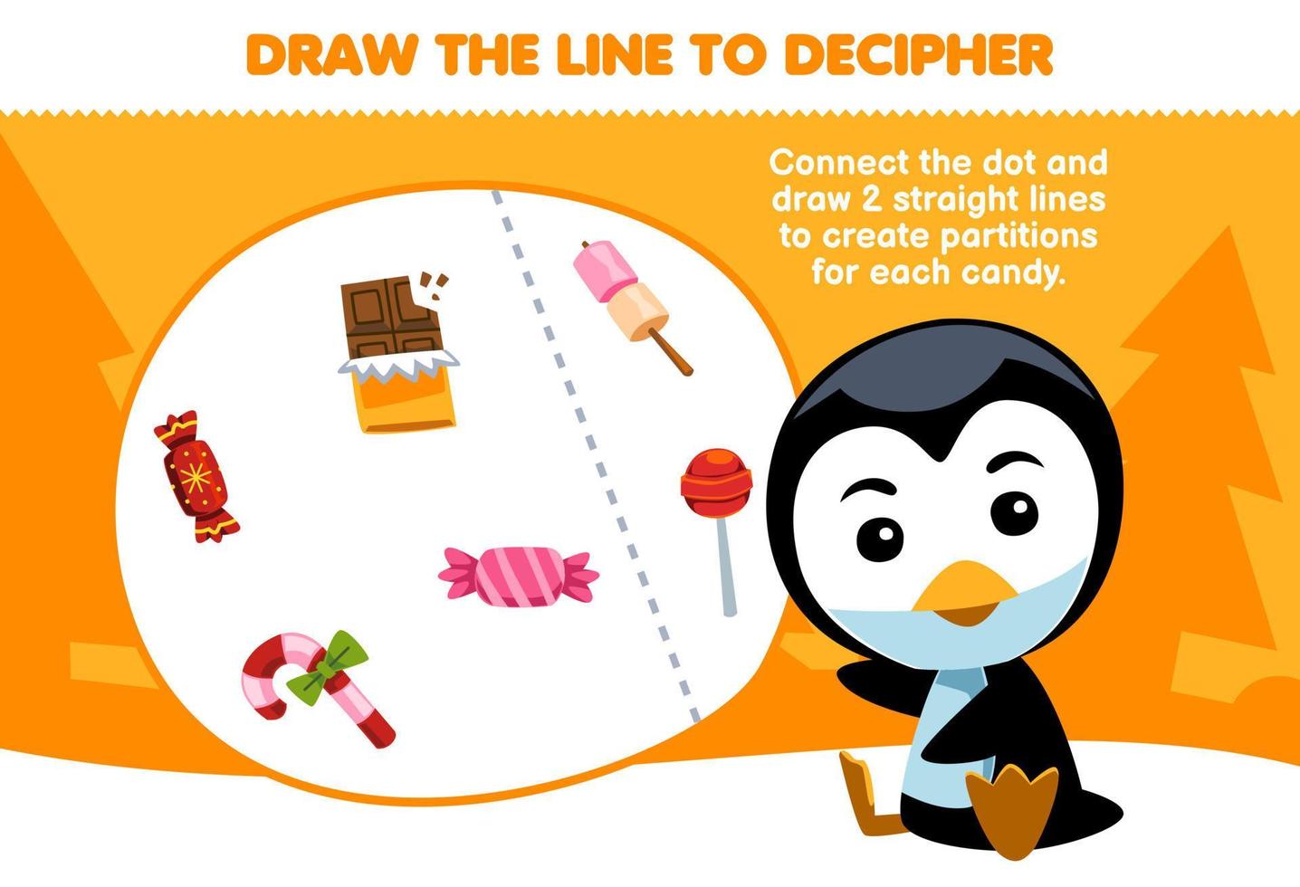 Education game for children help penguin draw the lines to separate the candy printable winter worksheet vector