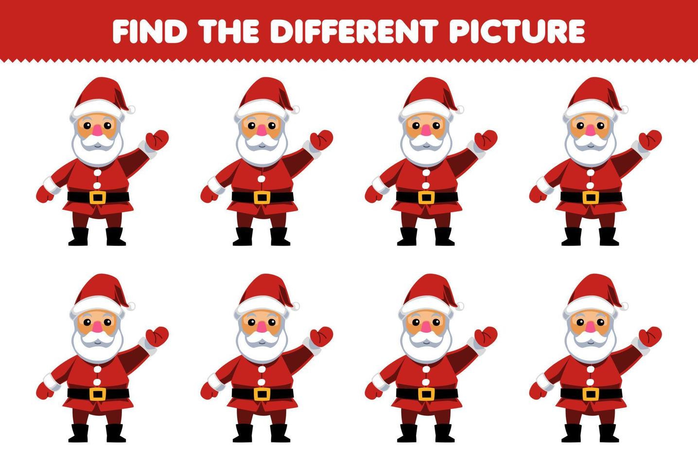Education game for children find the different picture of cute cartoon red santa printable winter worksheet vector