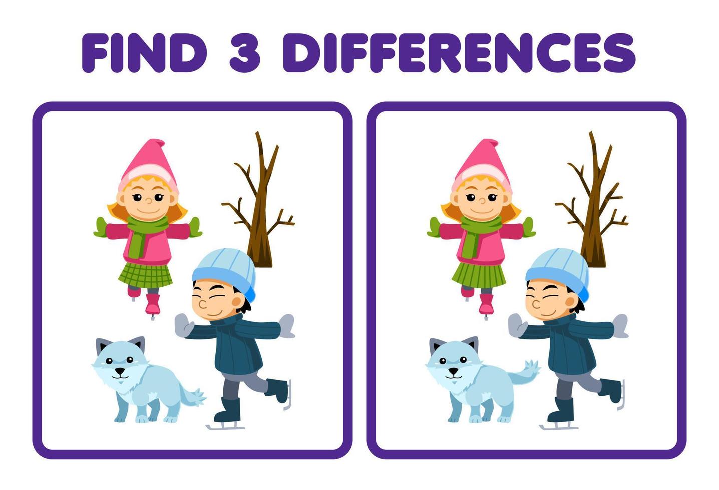 Education game for children find three differences between two cute cartoon boy and girl playing ice skating printable winter worksheet vector