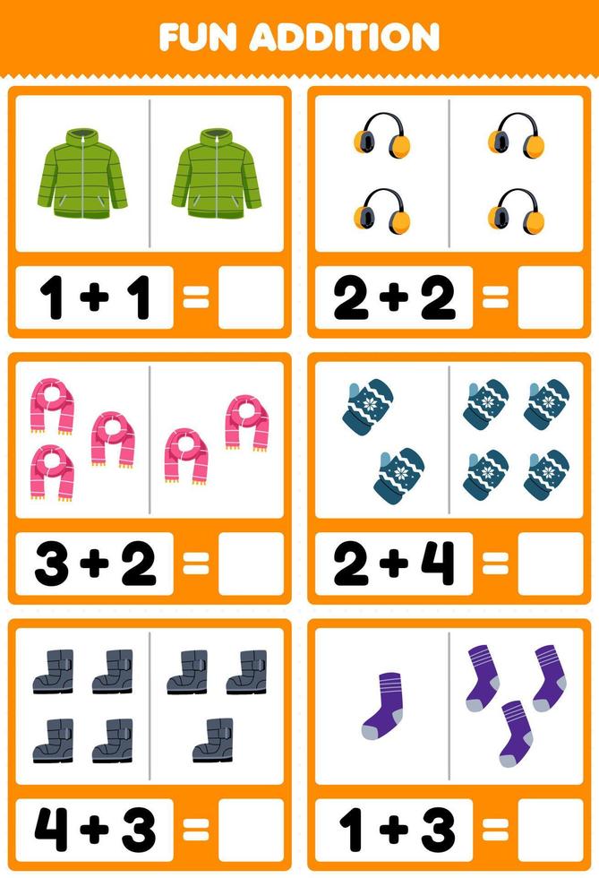 Education game for children fun addition by counting and sum of cute cartoon coat earmuff scarf mitten boot sock printable winter worksheet vector