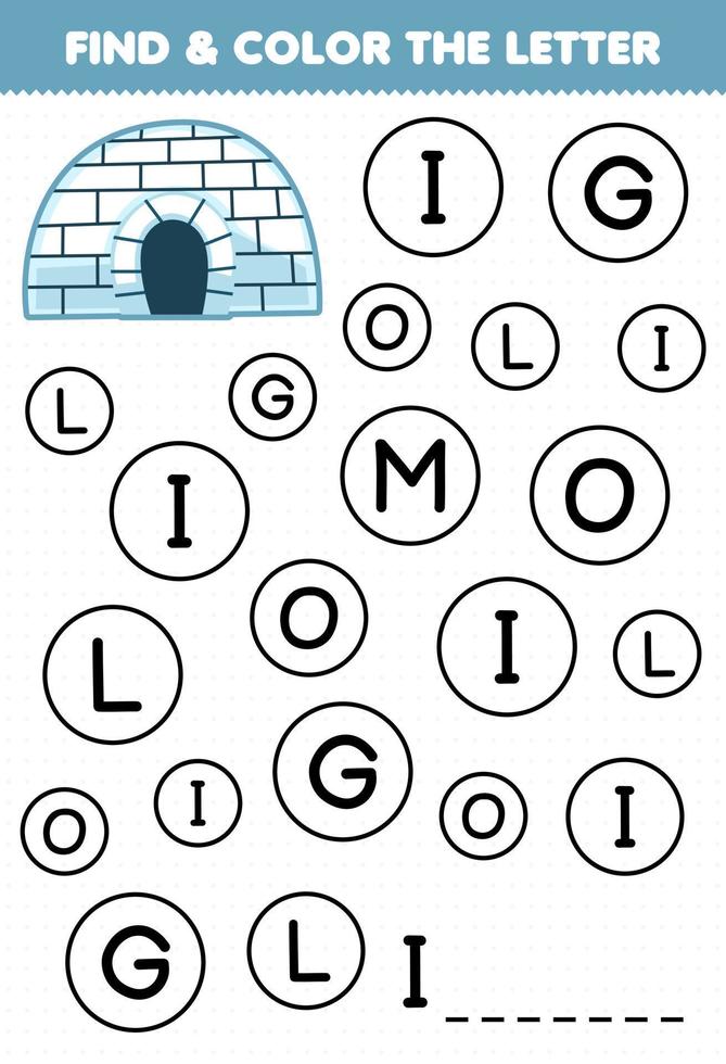 Education game for children find and color letter I for igloo printable winter worksheet vector