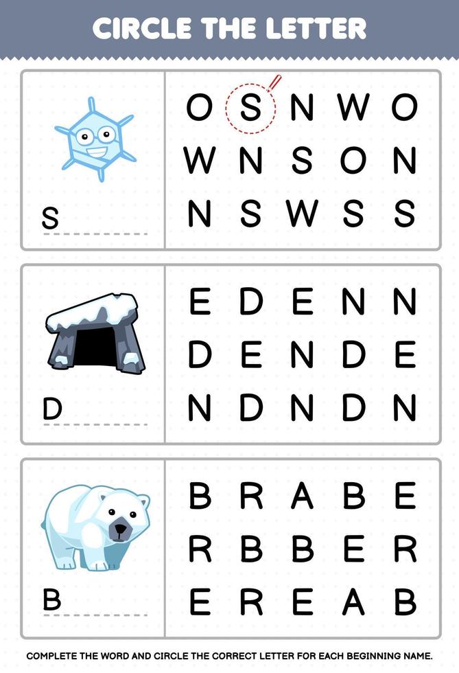 Education game for children circle the beginning letter from cute cartoon snowflake den polar bear printable winter worksheet vector