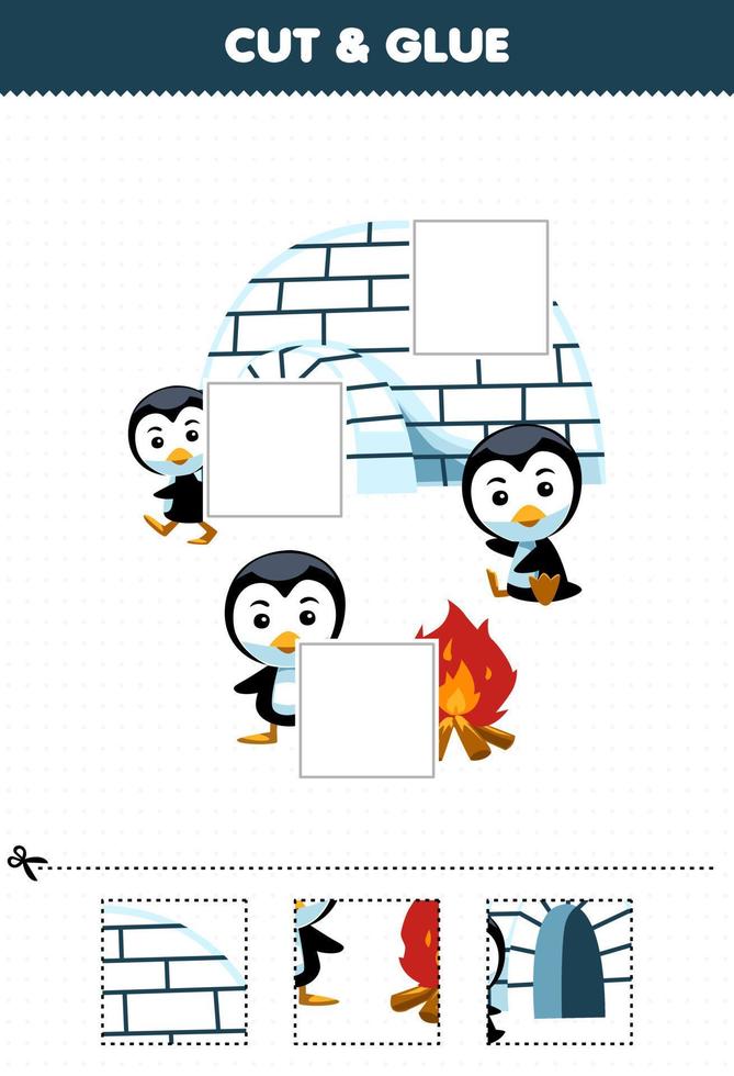 Education game for children cut and glue cut parts of cute cartoon penguin igloo bonfire and glue them printable winter worksheet vector