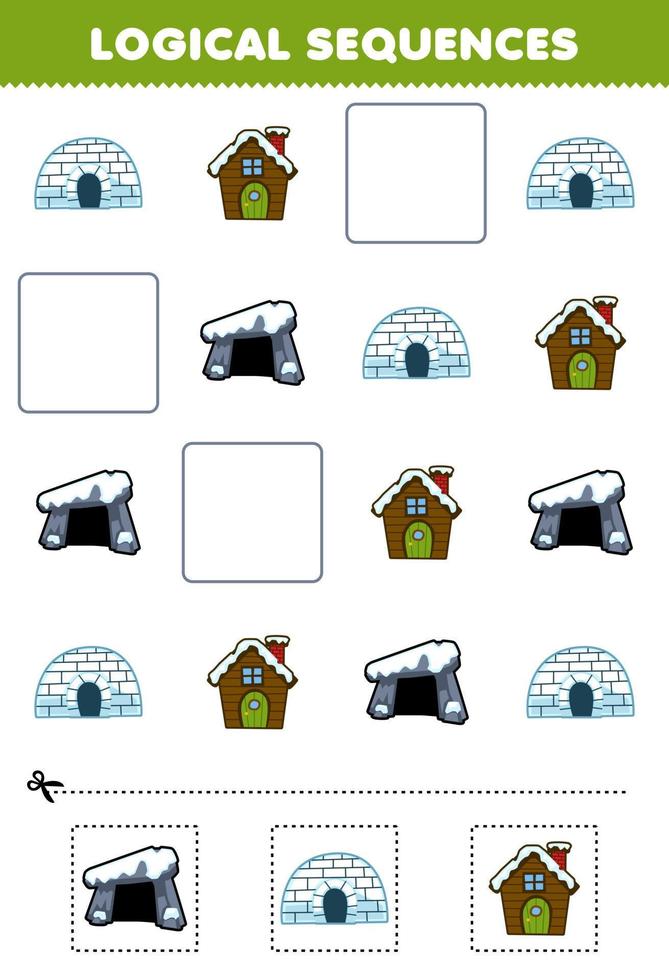 Education game for children logical sequences for kids with cute cartoon igloo snowy house den printable winter worksheet vector