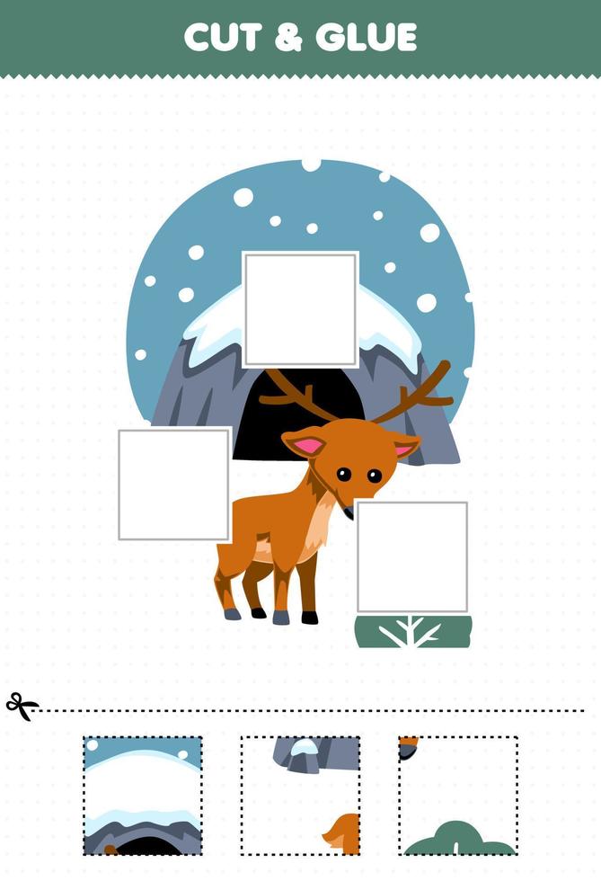 Education game for children cut and glue cut parts of cute cartoon deer in front of den and glue them printable winter worksheet vector