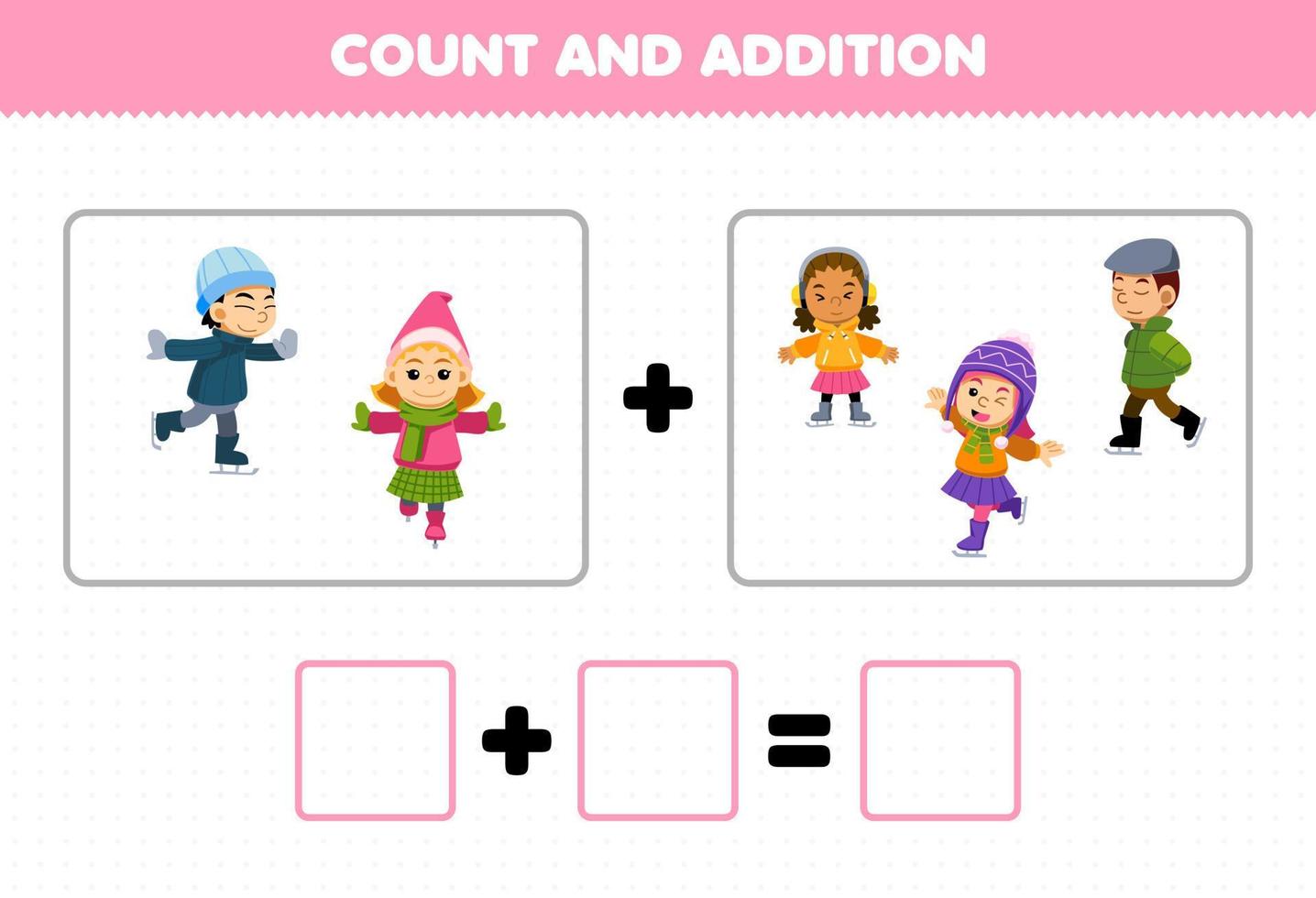 Education game for children fun addition by counting cute cartoon boy and girl playing ice skating pictures printable winter worksheet vector