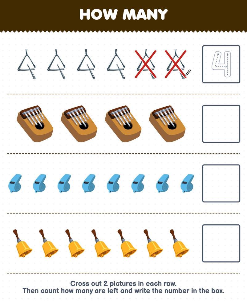 Education game for children count how many cartoon triangle kalimba whistle bell and write the number in the box printable music instrument worksheet vector