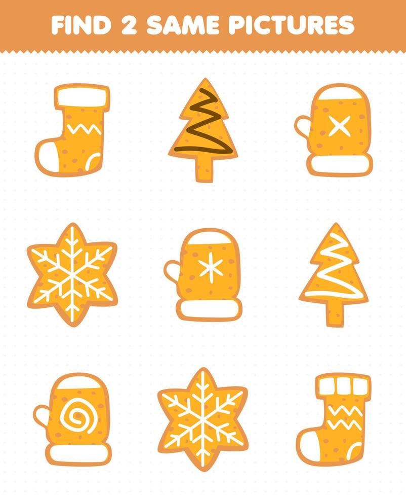 Education game for children find two same pictures of cute cartoon biscuit with sock mitten tree snowflake shape printable winter worksheet vector