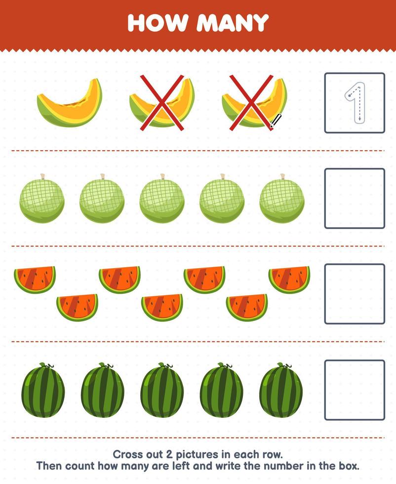 Education game for children count how many cartoon melon watermelon and write the number in the box printable fruit worksheet vector