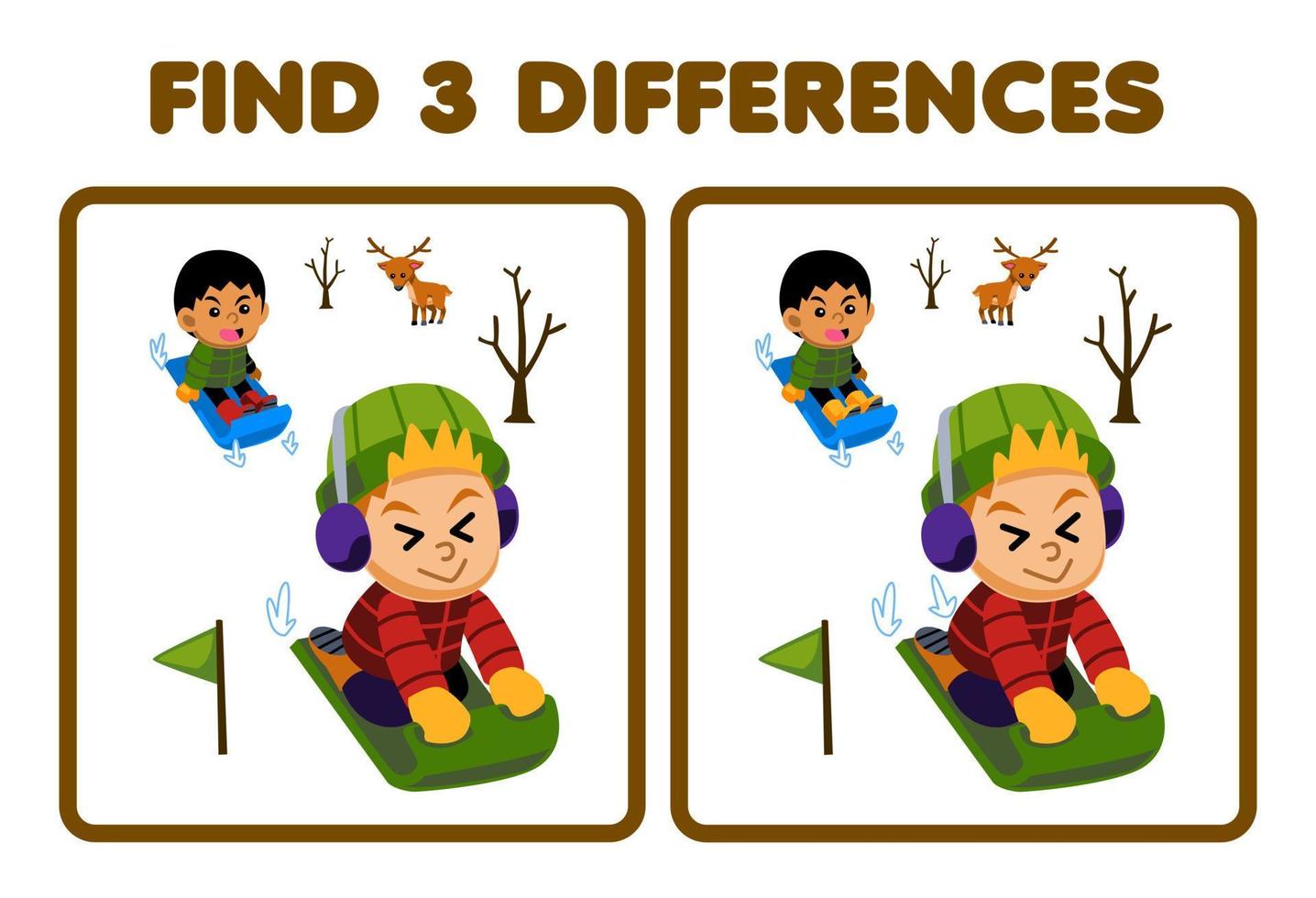 juego educativo para niños encuentra tres diferencias entre dos lindos niños de dibujos animados jugando trineo hoja de trabajo de invierno imprimible vector