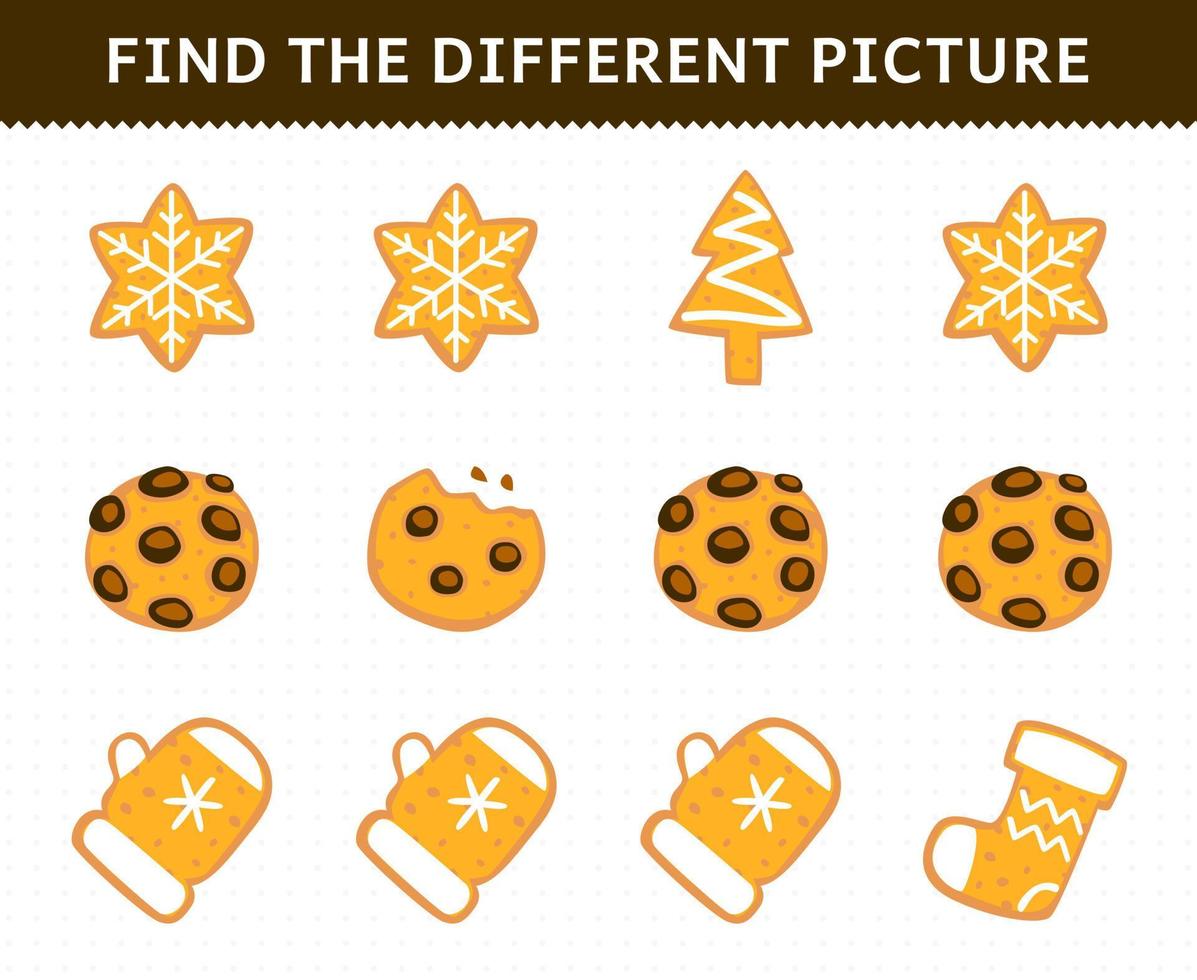 Education game for children find the different picture in each row of cute cartoon cookie with snowflake and mitten shape printable winter worksheet vector