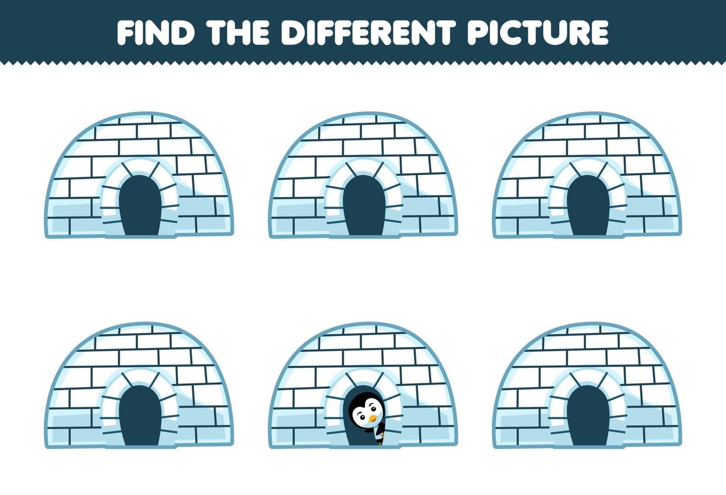 Education game for children find the different picture of cute cartoon igloo printable winter worksheet vector