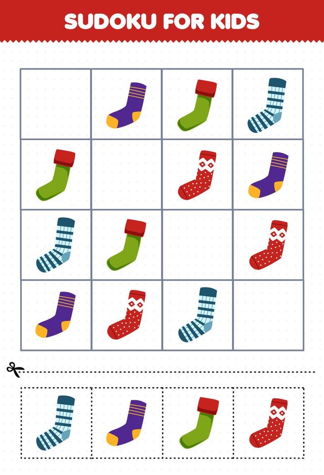 juego educativo para niños sudoku para niños con lindos calcetines de dibujos animados hoja de trabajo de invierno imprimible vector