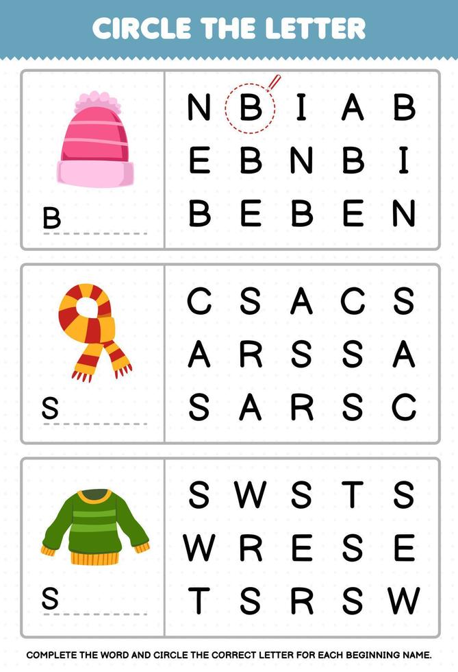 Education game for children circle the beginning letter from cute cartoon beanie scarf sweater printable winter worksheet vector