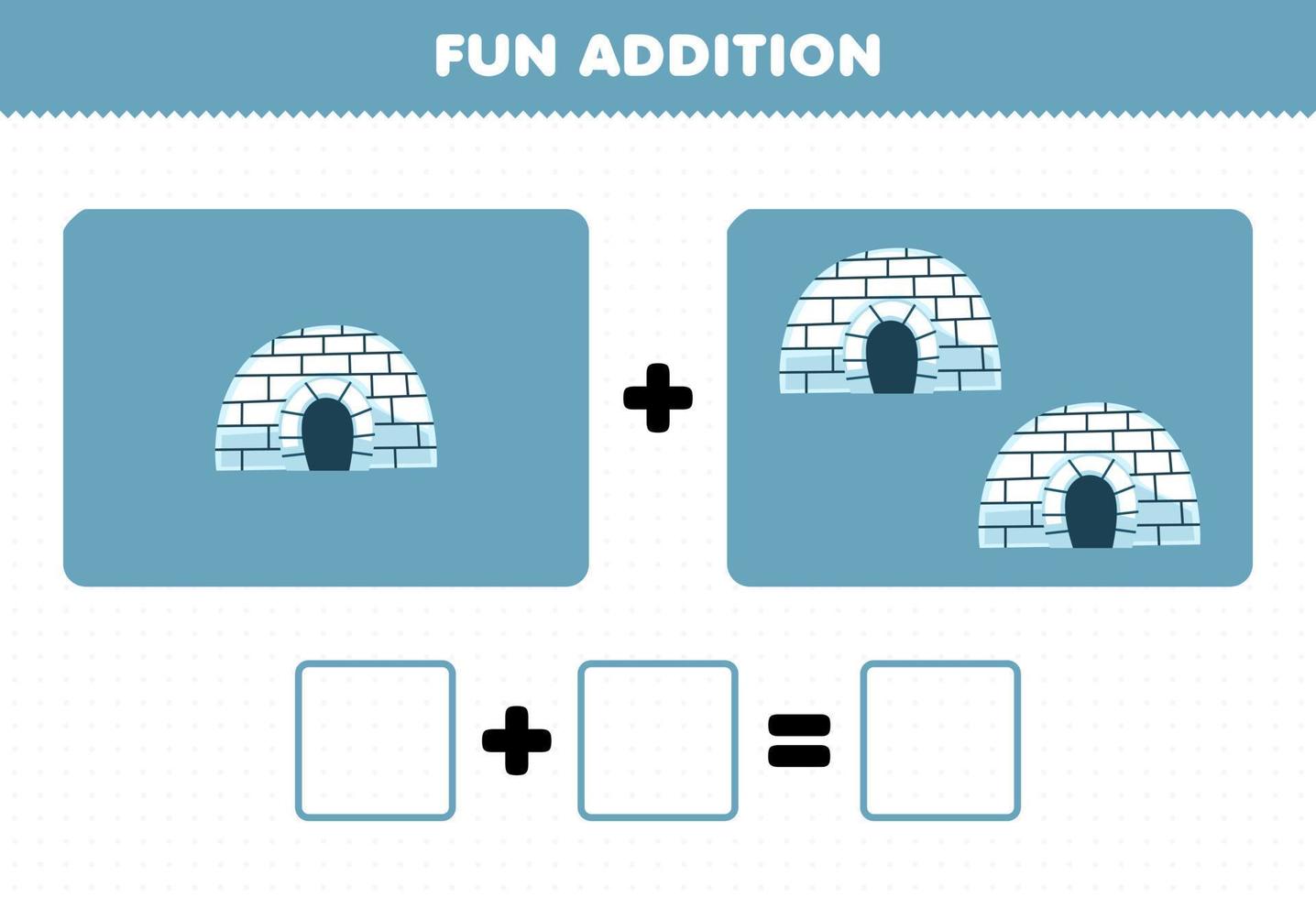 Education game for children fun addition by counting cute cartoon igloo pictures printable winter worksheet vector