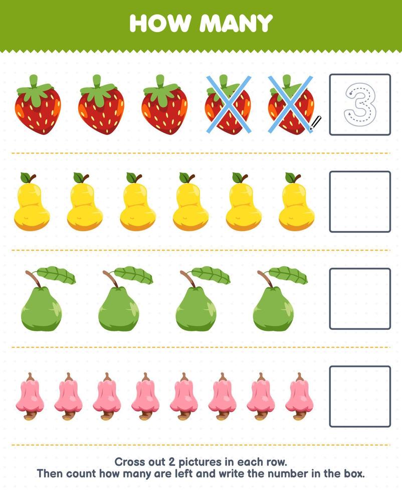 Education game for children count how many cartoon strawberry pear guava cashew and write the number in the box printable fruit worksheet vector