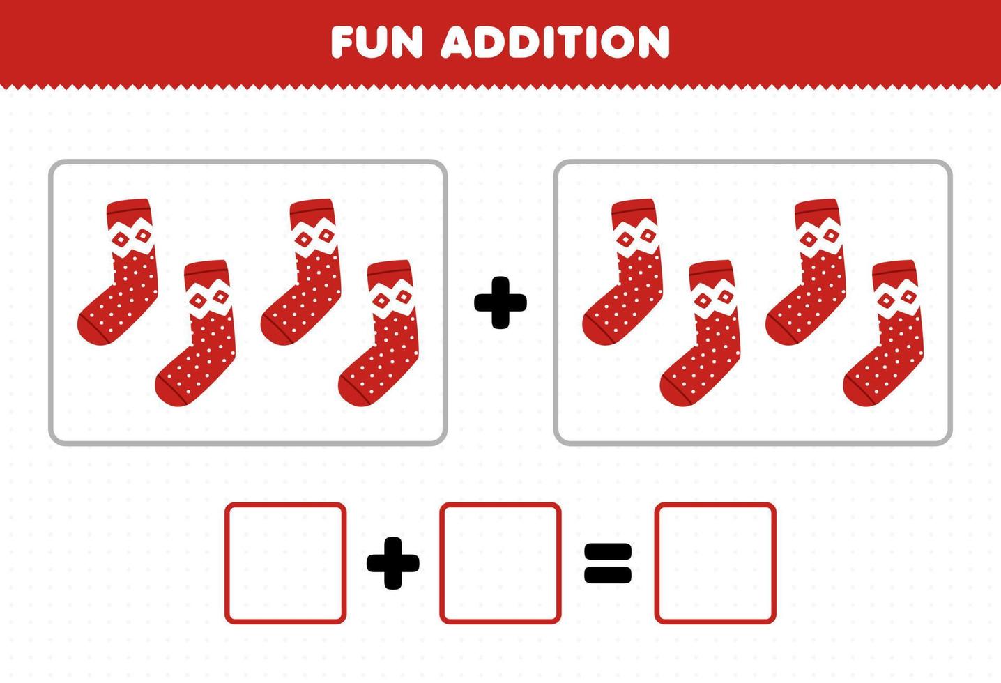 Education game for children fun addition by counting cute cartoon red sock pictures printable winter worksheet vector