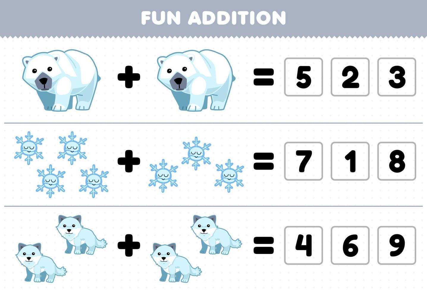 Education game for children fun addition by guess the correct number of cute cartoon polar bear snowflake arctic fox printable winter worksheet vector
