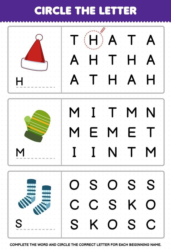 Education game for children circle the beginning letter from cute cartoon hat mitten sock printable winter worksheet vector